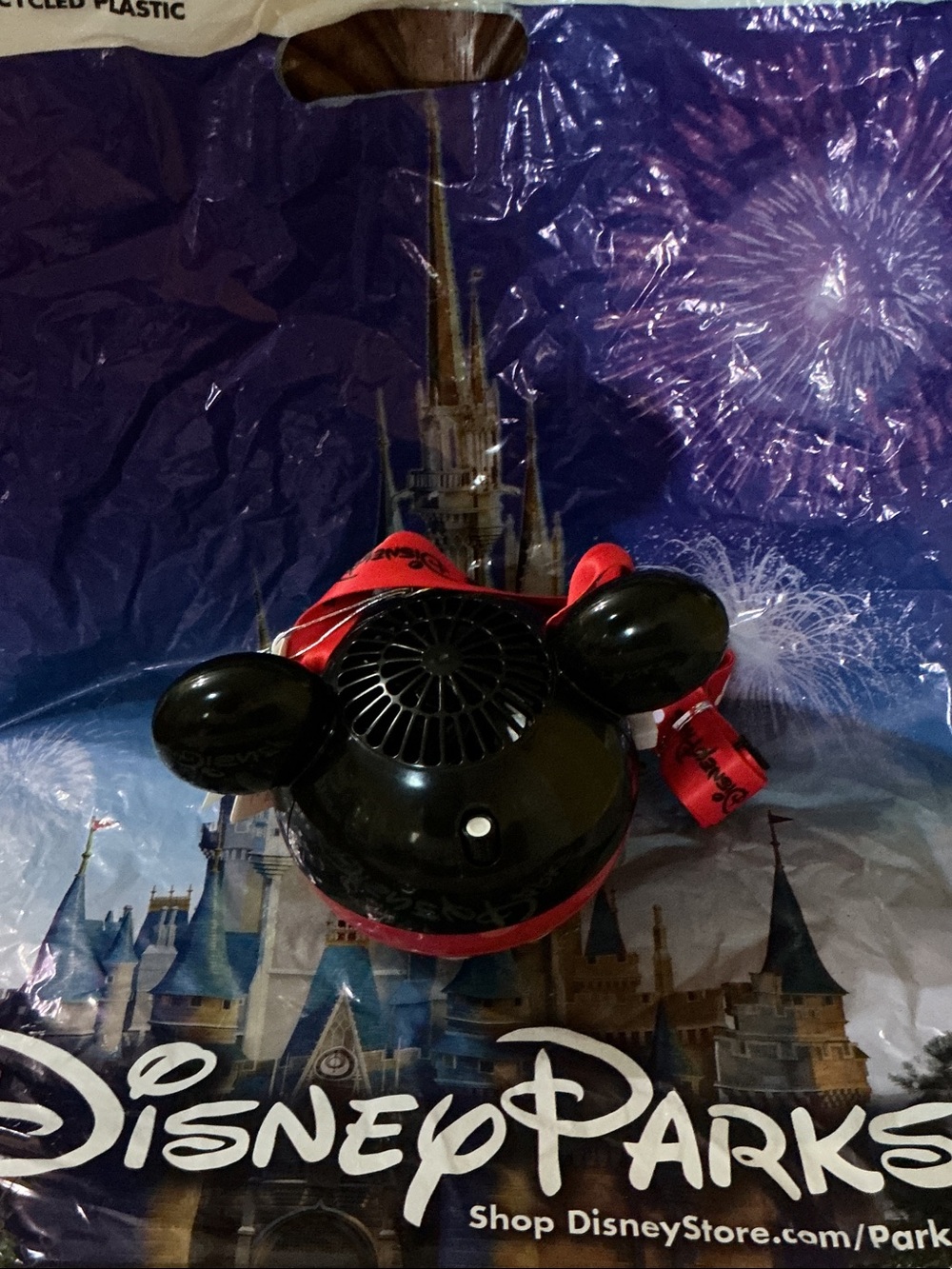 Disney Black Mickey Ear Handheld misting Fan with Red Strap nwt